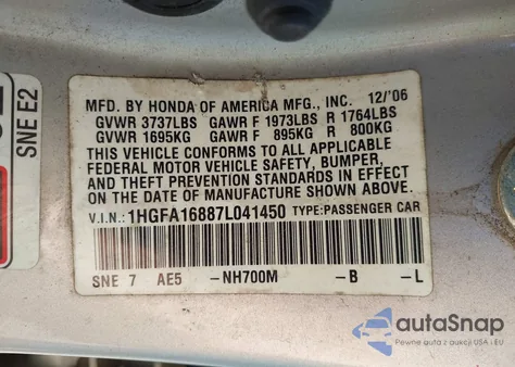 2007 Honda Civic Ex from USA, damaged, VIN 1HGFA16887L041450